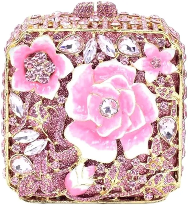 Elegant Women Oil Floral Crystal Evening Bag Flower Diamond Wedding Party Purse Square Box Rhinestone Handbag for Prom