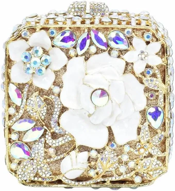 Elegant Women Oil Floral Crystal Evening Bag Flower Diamond Wedding Party Purse Square Box Rhinestone Handbag for Prom