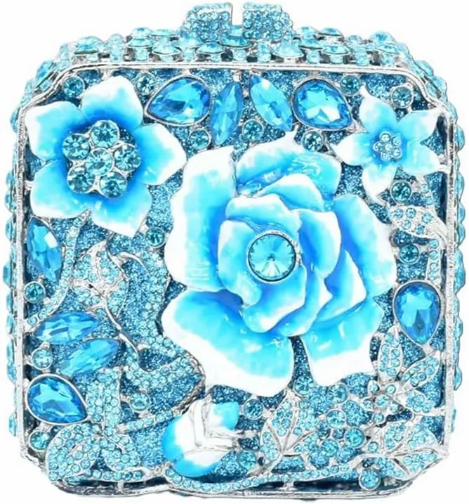 Elegant Women Oil Floral Crystal Evening Bag Flower Diamond Wedding Party Purse Square Box Rhinestone Handbag for Prom