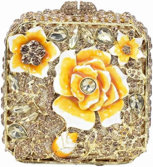 Elegant Women Oil Floral Crystal Evening Bag Flower Diamond Wedding Party Purse Square Box Rhinestone Handbag for Prom