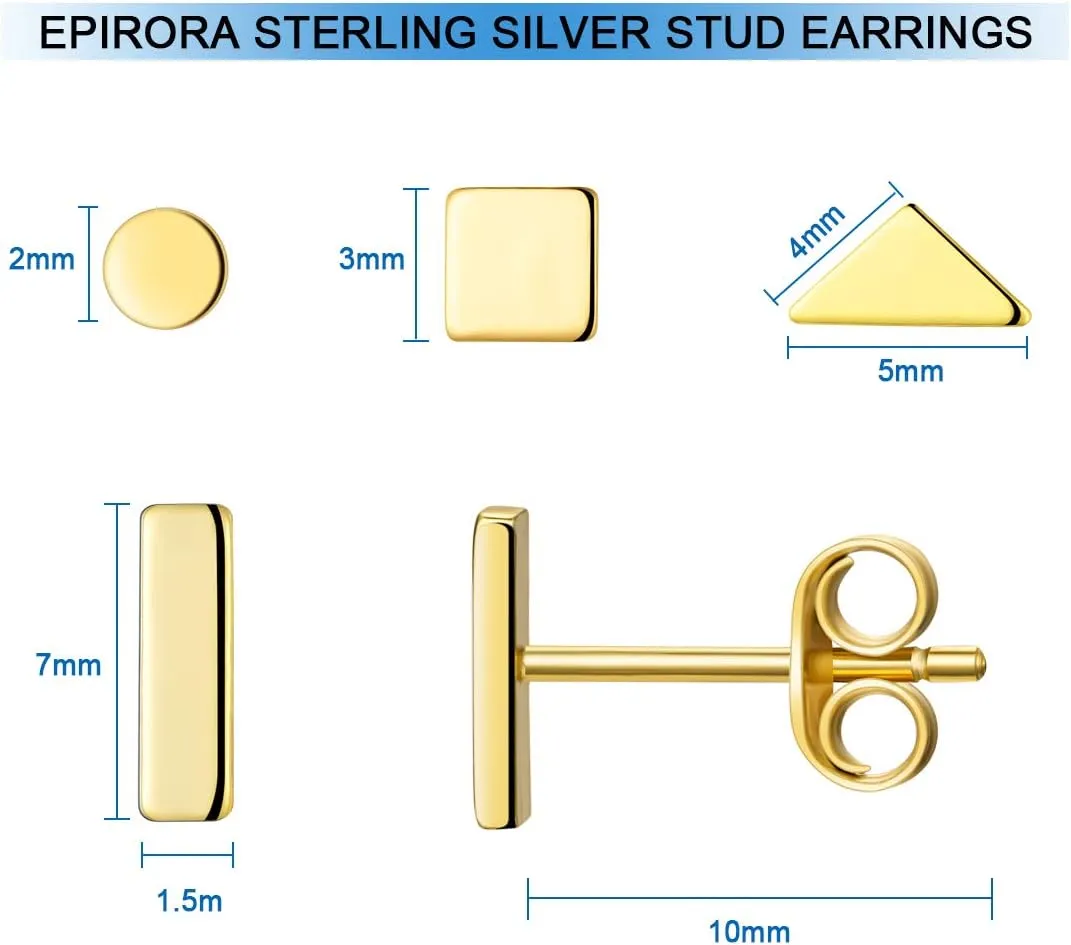 EPIRORA Sterling Silver Stud Earrings for Women Men- 4 Pairs of Hypoallergenic Simple Geometric Small Stud Earring Set Tiny Circle Triangle Square Bar Stud Earrings Mini Cartilage Tragus Earrings