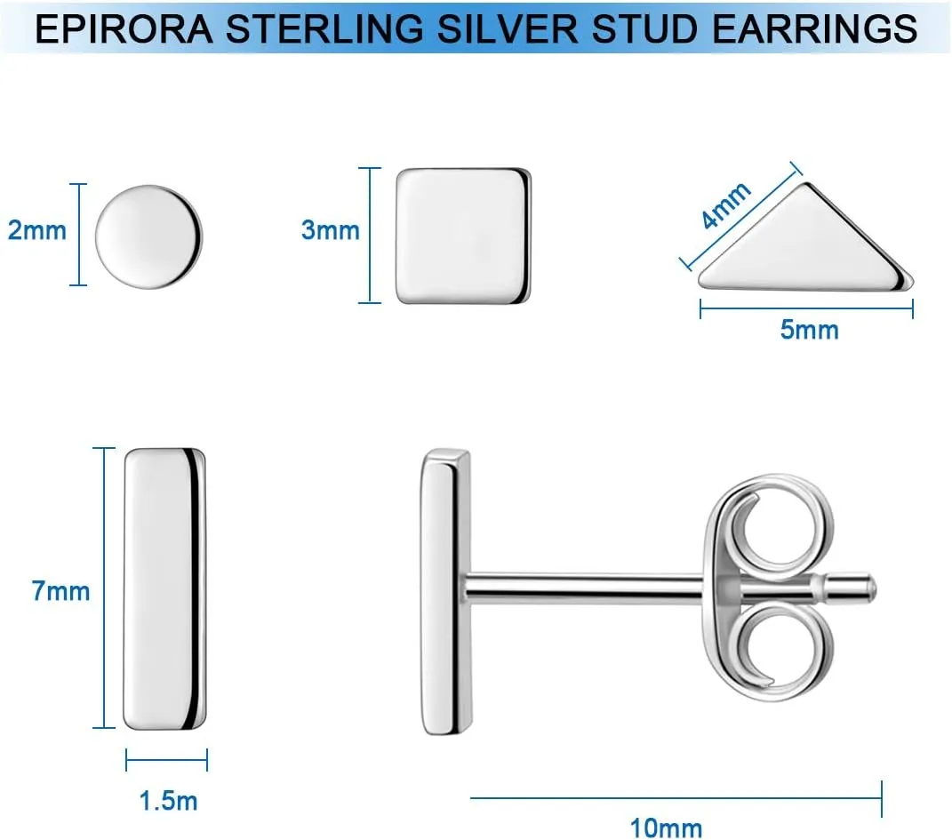 EPIRORA Sterling Silver Stud Earrings for Women Men- 4 Pairs of Hypoallergenic Simple Geometric Small Stud Earring Set Tiny Circle Triangle Square Bar Stud Earrings Mini Cartilage Tragus Earrings