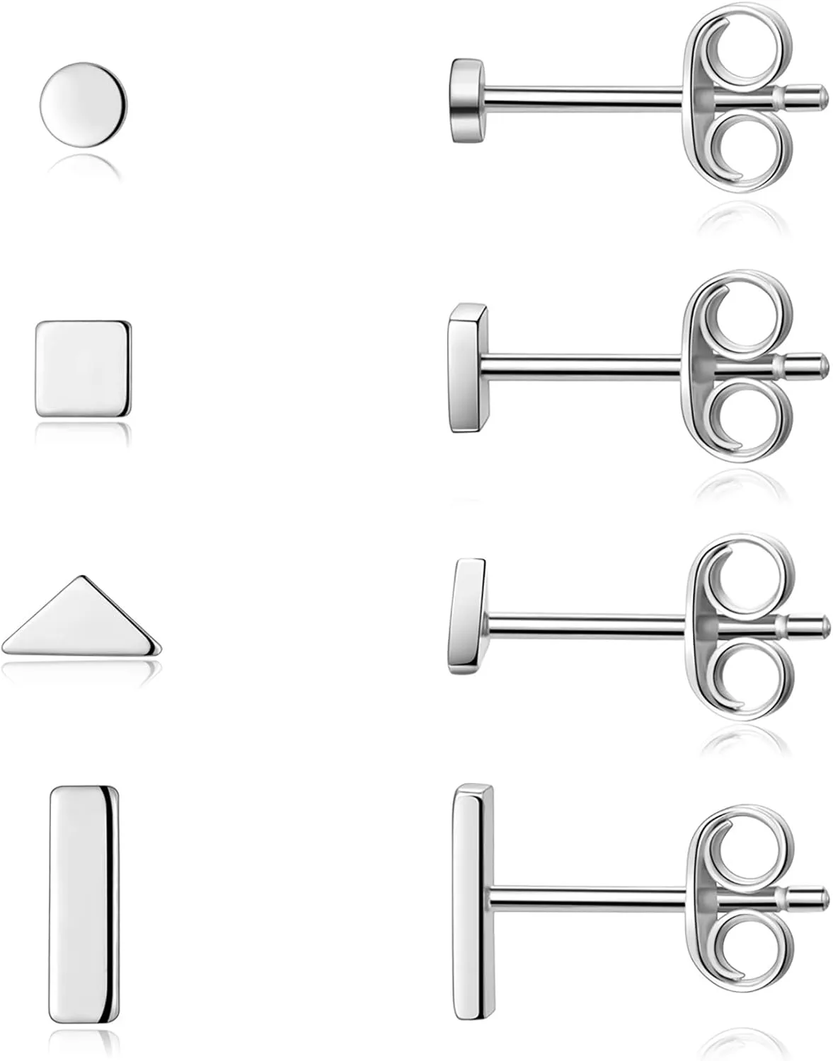 EPIRORA Sterling Silver Stud Earrings for Women Men- 4 Pairs of Hypoallergenic Simple Geometric Small Stud Earring Set Tiny Circle Triangle Square Bar Stud Earrings Mini Cartilage Tragus Earrings