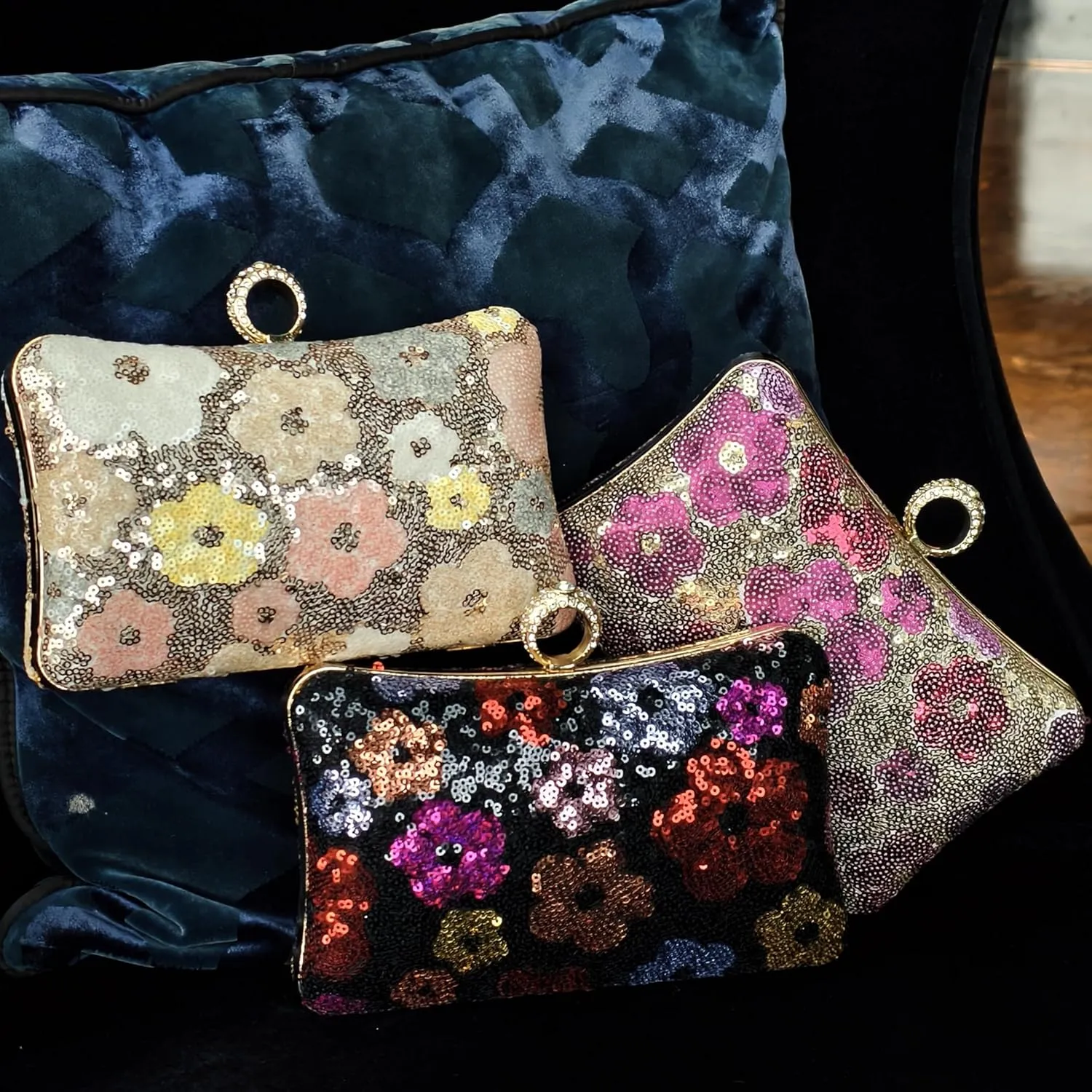 Evening Bag for Women, Gold Flower Sequins Purses, Sparkling Party Clutch Handbag for Wedding Cocktail Prom