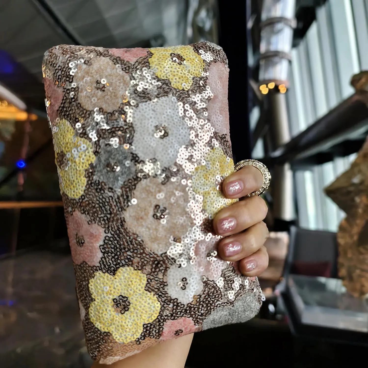 Evening Bag for Women, Gold Flower Sequins Purses, Sparkling Party Clutch Handbag for Wedding Cocktail Prom