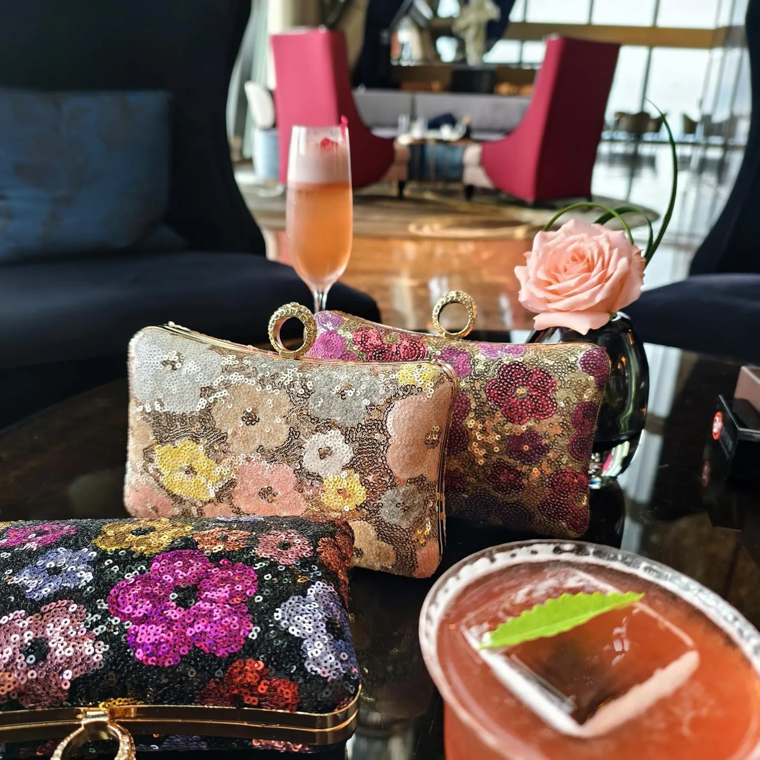 Evening Bag for Women, Gold Flower Sequins Purses, Sparkling Party Clutch Handbag for Wedding Cocktail Prom