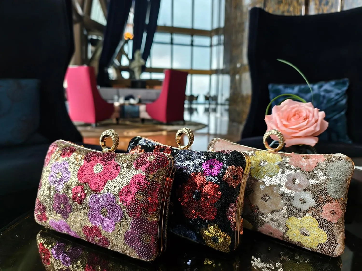 Evening Bag for Women, Gold Flower Sequins Purses, Sparkling Party Clutch Handbag for Wedding Cocktail Prom