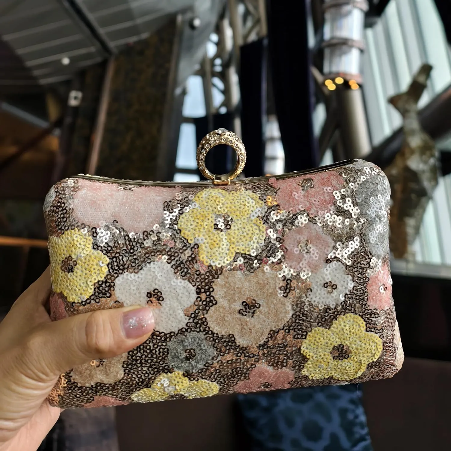Evening Bag for Women, Gold Flower Sequins Purses, Sparkling Party Clutch Handbag for Wedding Cocktail Prom