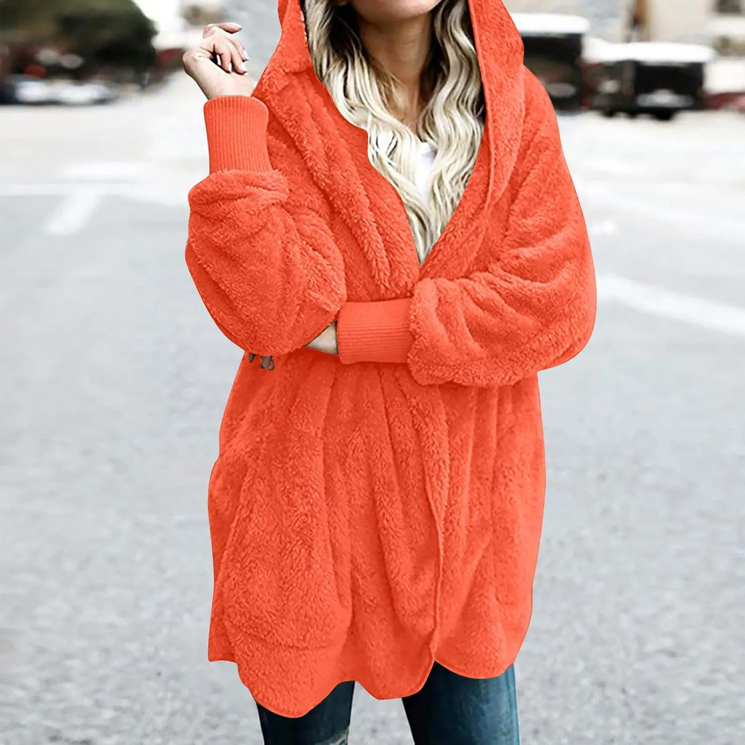 Fall Winter Cardigan Coats for Women Fuzzy Open Front Hooded Jackets Flannel Lightweight Fluffy Outerwear