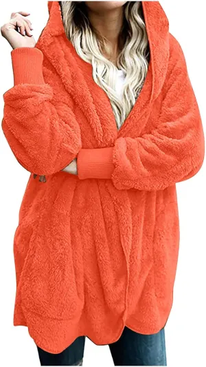 Fall Winter Cardigan Coats for Women Fuzzy Open Front Hooded Jackets Flannel Lightweight Fluffy Outerwear