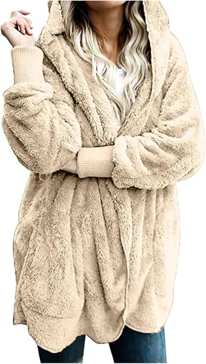 Fall Winter Cardigan Coats for Women Fuzzy Open Front Hooded Jackets Flannel Lightweight Fluffy Outerwear