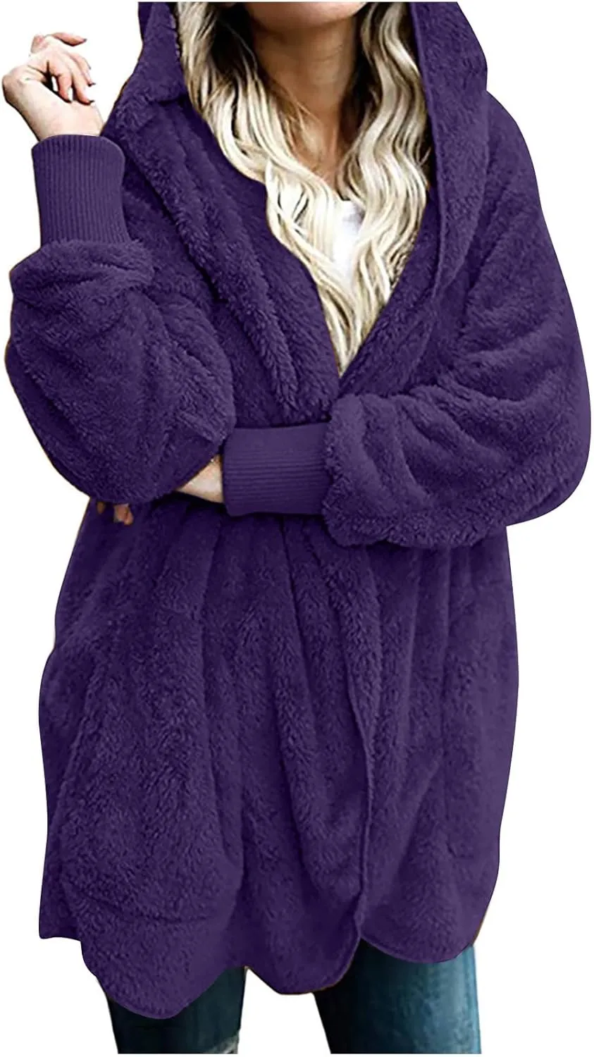 Fall Winter Cardigan Coats for Women Fuzzy Open Front Hooded Jackets Flannel Lightweight Fluffy Outerwear