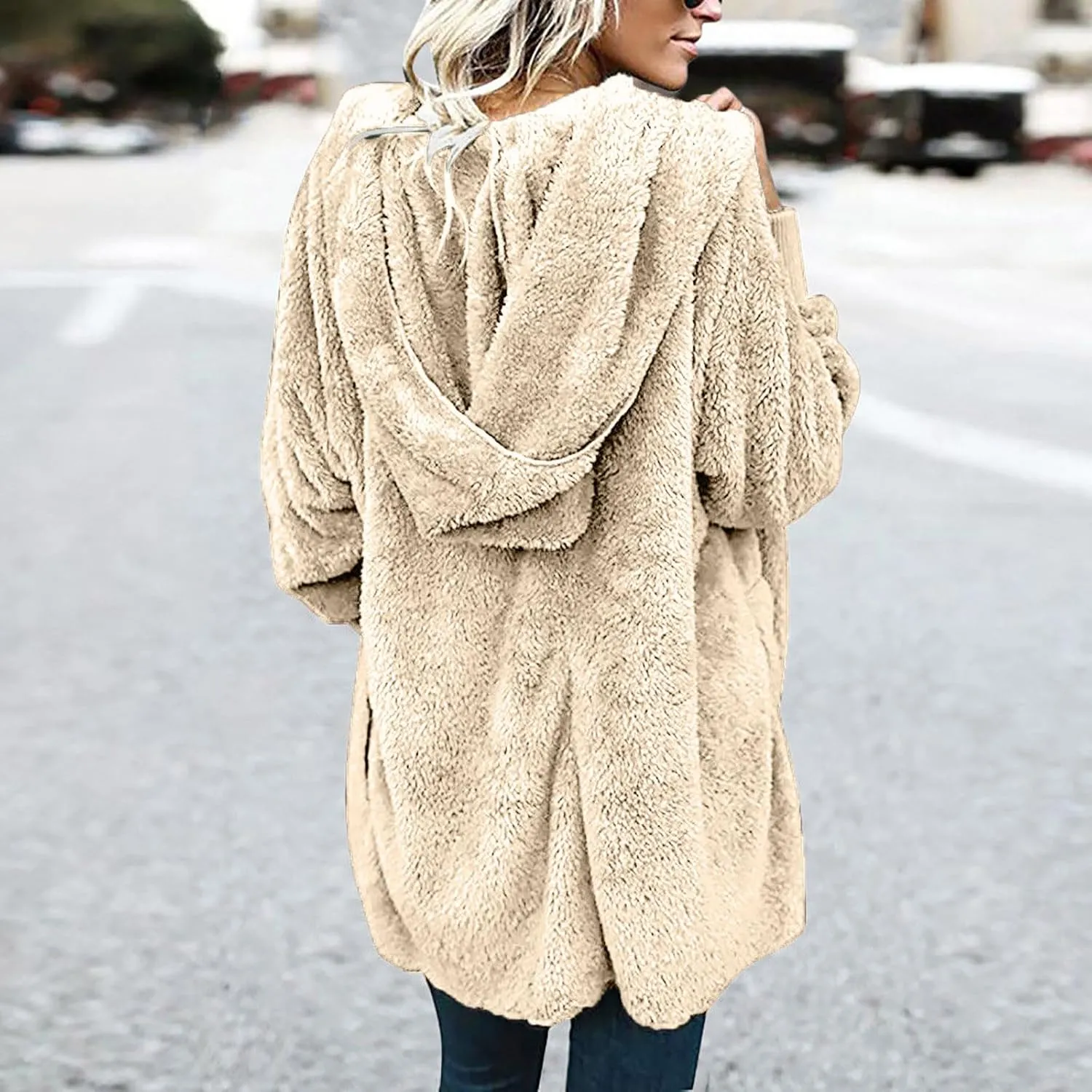 Fall Winter Cardigan Coats for Women Fuzzy Open Front Hooded Jackets Flannel Lightweight Fluffy Outerwear