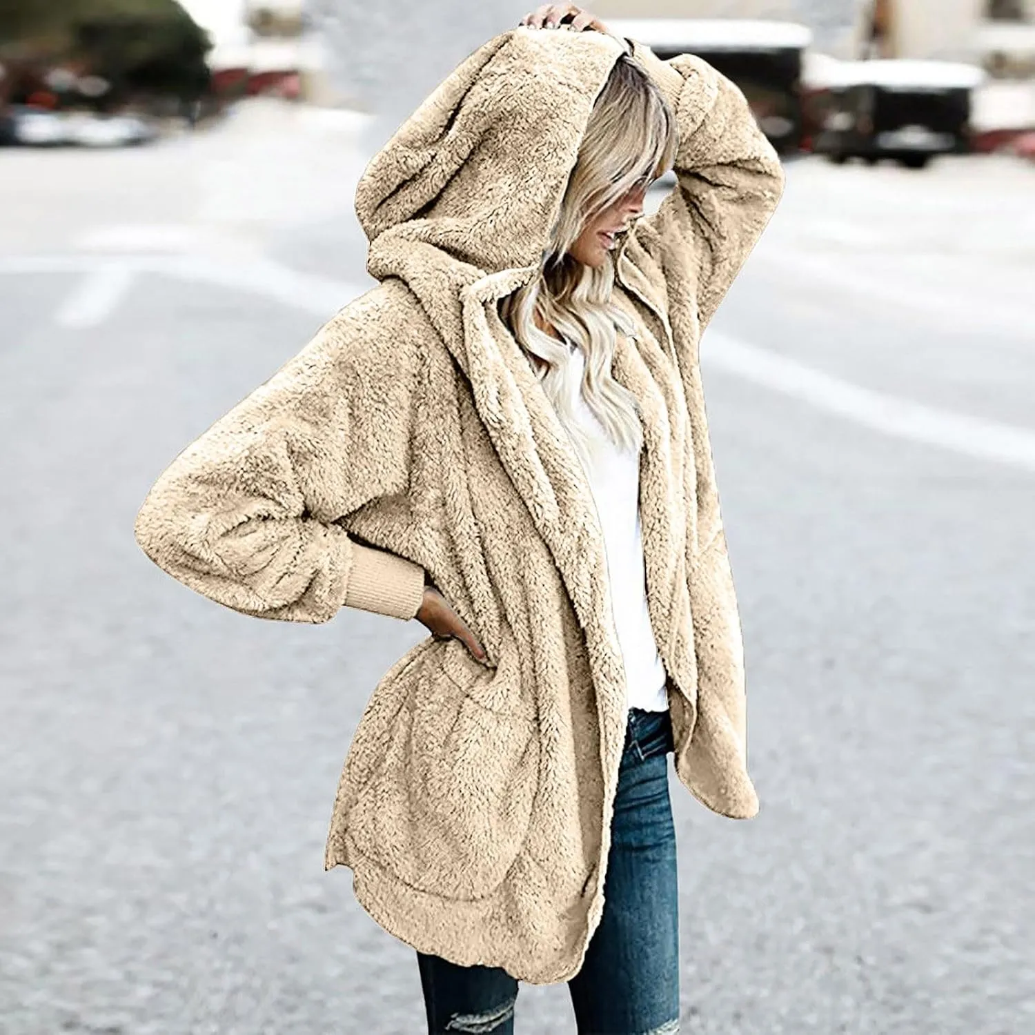 Fall Winter Cardigan Coats for Women Fuzzy Open Front Hooded Jackets Flannel Lightweight Fluffy Outerwear