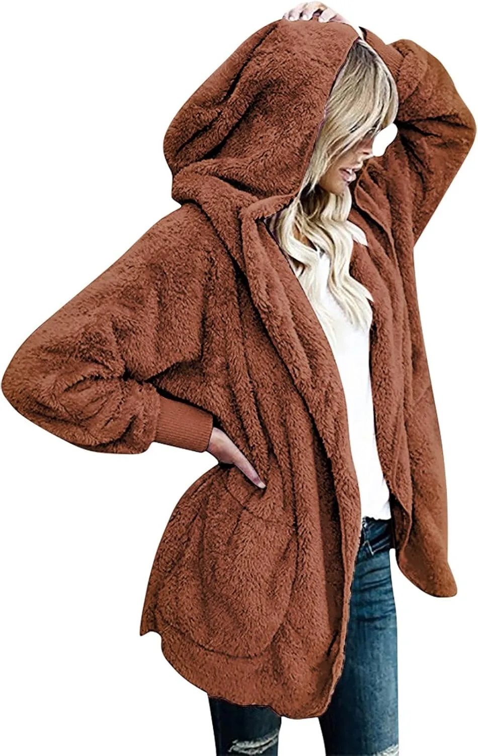 Fall Winter Cardigan Coats for Women Fuzzy Open Front Hooded Jackets Flannel Lightweight Fluffy Outerwear