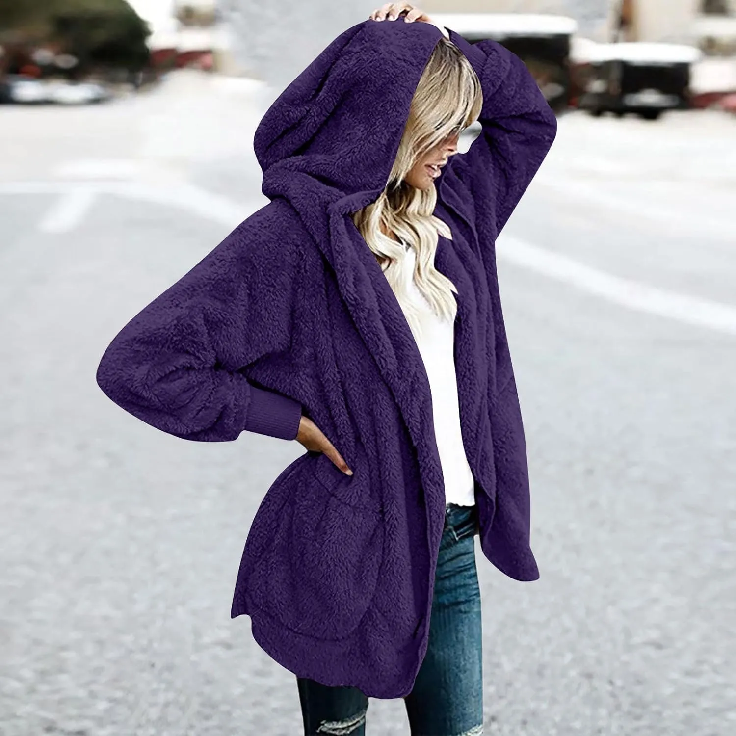 Fall Winter Cardigan Coats for Women Fuzzy Open Front Hooded Jackets Flannel Lightweight Fluffy Outerwear