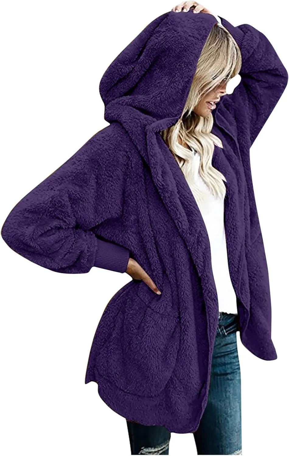 Fall Winter Cardigan Coats for Women Fuzzy Open Front Hooded Jackets Flannel Lightweight Fluffy Outerwear