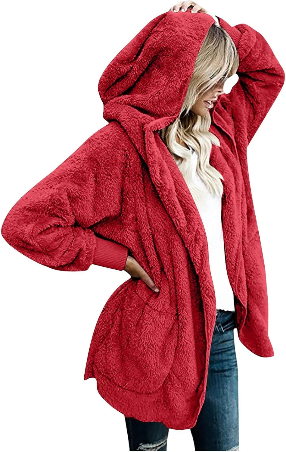 Fall Winter Cardigan Coats for Women Fuzzy Open Front Hooded Jackets Flannel Lightweight Fluffy Outerwear