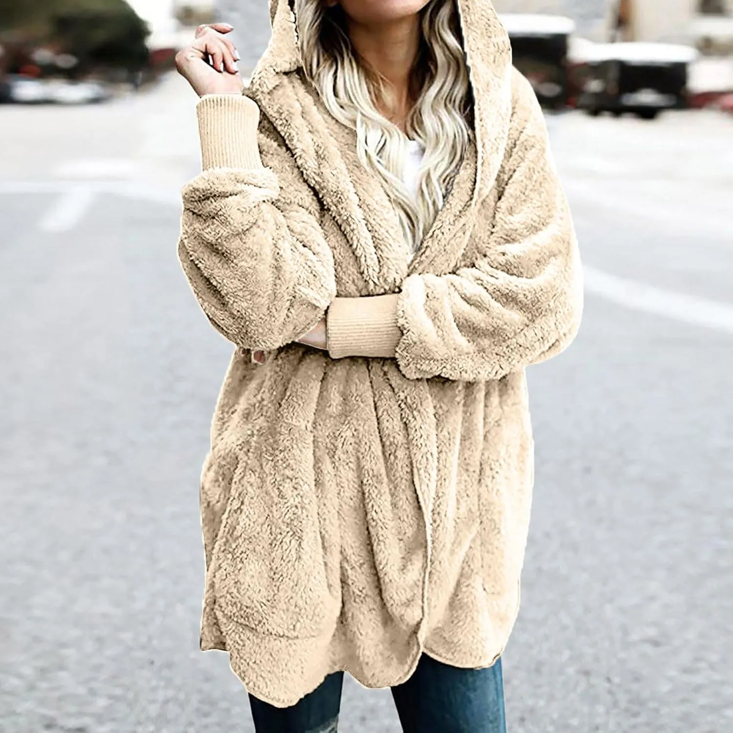 Fall Winter Cardigan Coats for Women Fuzzy Open Front Hooded Jackets Flannel Lightweight Fluffy Outerwear