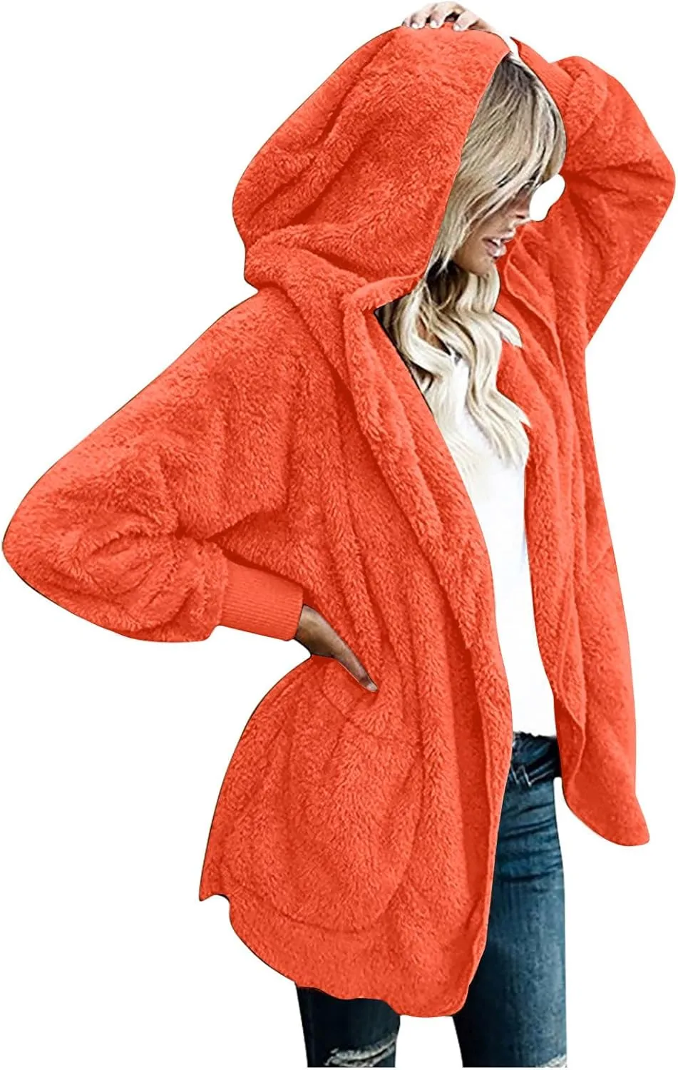 Fall Winter Cardigan Coats for Women Fuzzy Open Front Hooded Jackets Flannel Lightweight Fluffy Outerwear