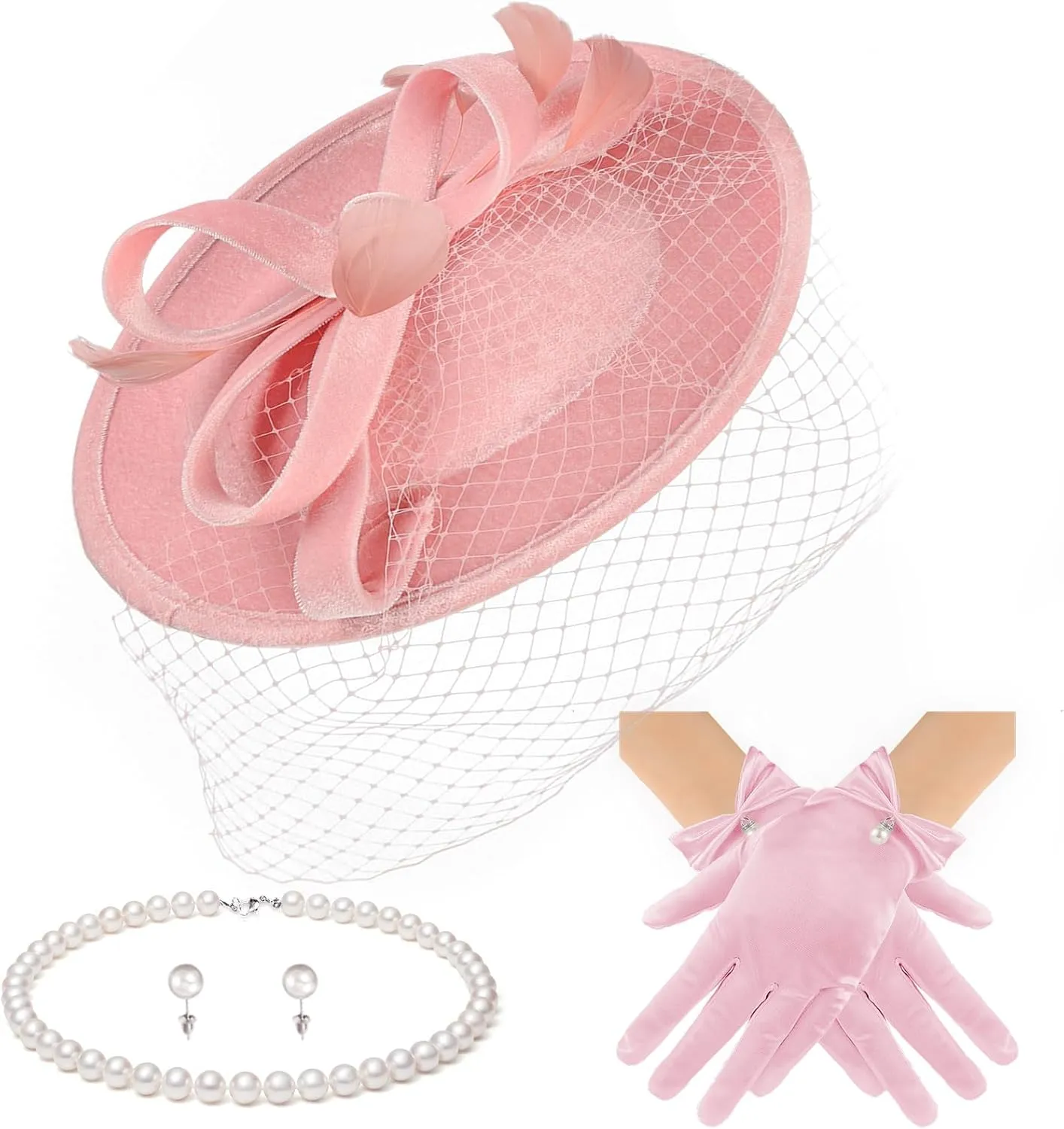 Fascinator Hats for Women Tea Party Hats and Gloves Pearl Jewelry Set Derby Hat for Cocktail Wedding