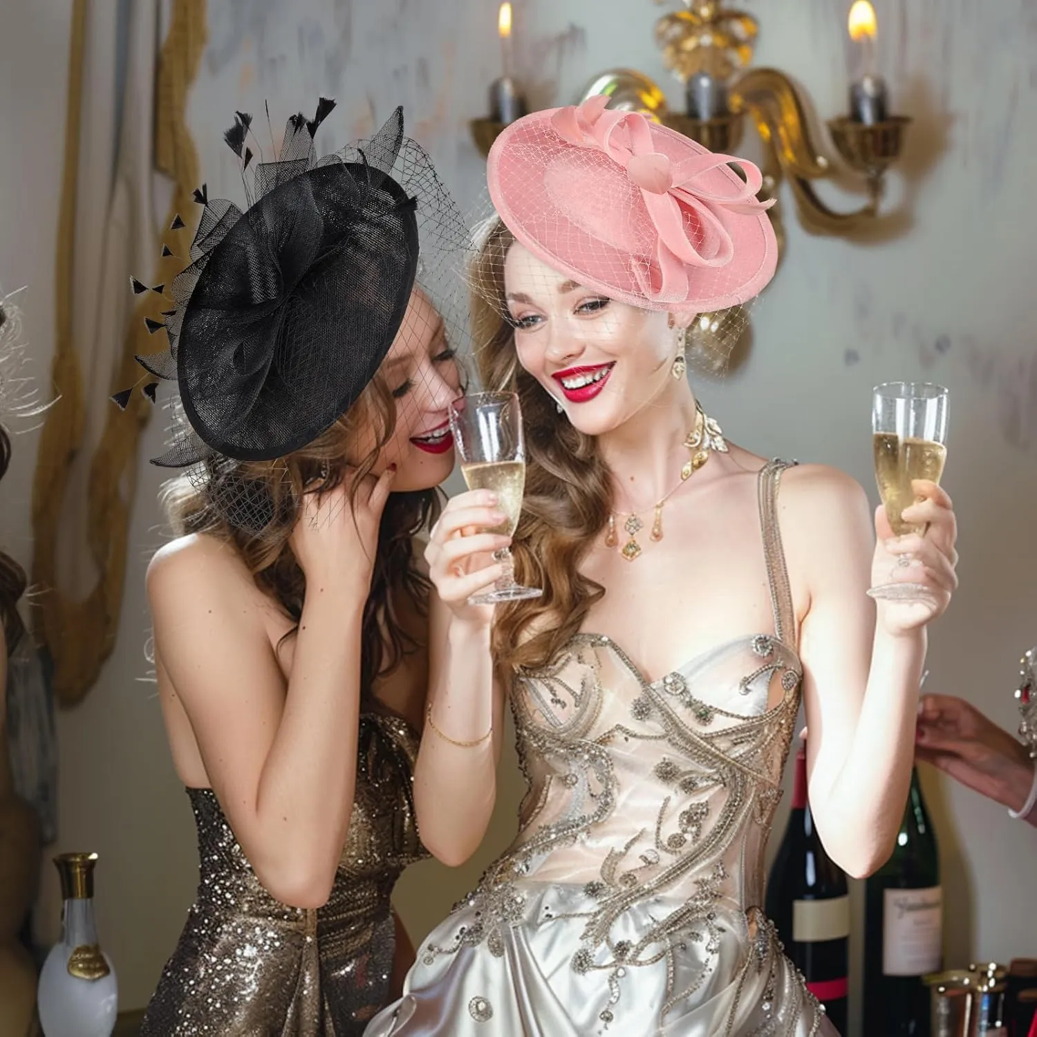 Fascinator Hats for Women Tea Party Hats and Gloves Pearl Jewelry Set Derby Hat for Cocktail Wedding