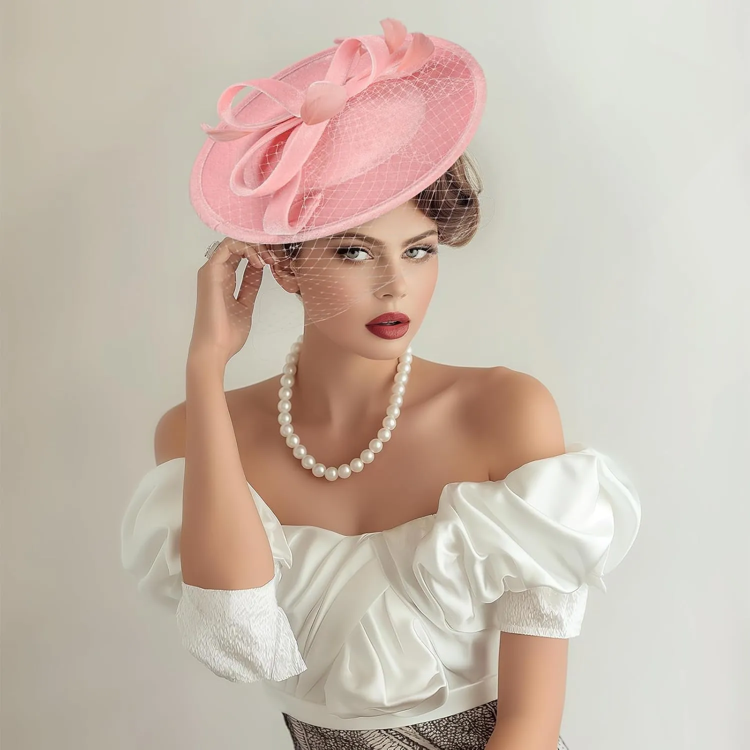 Fascinator Hats for Women Tea Party Hats and Gloves Pearl Jewelry Set Derby Hat for Cocktail Wedding