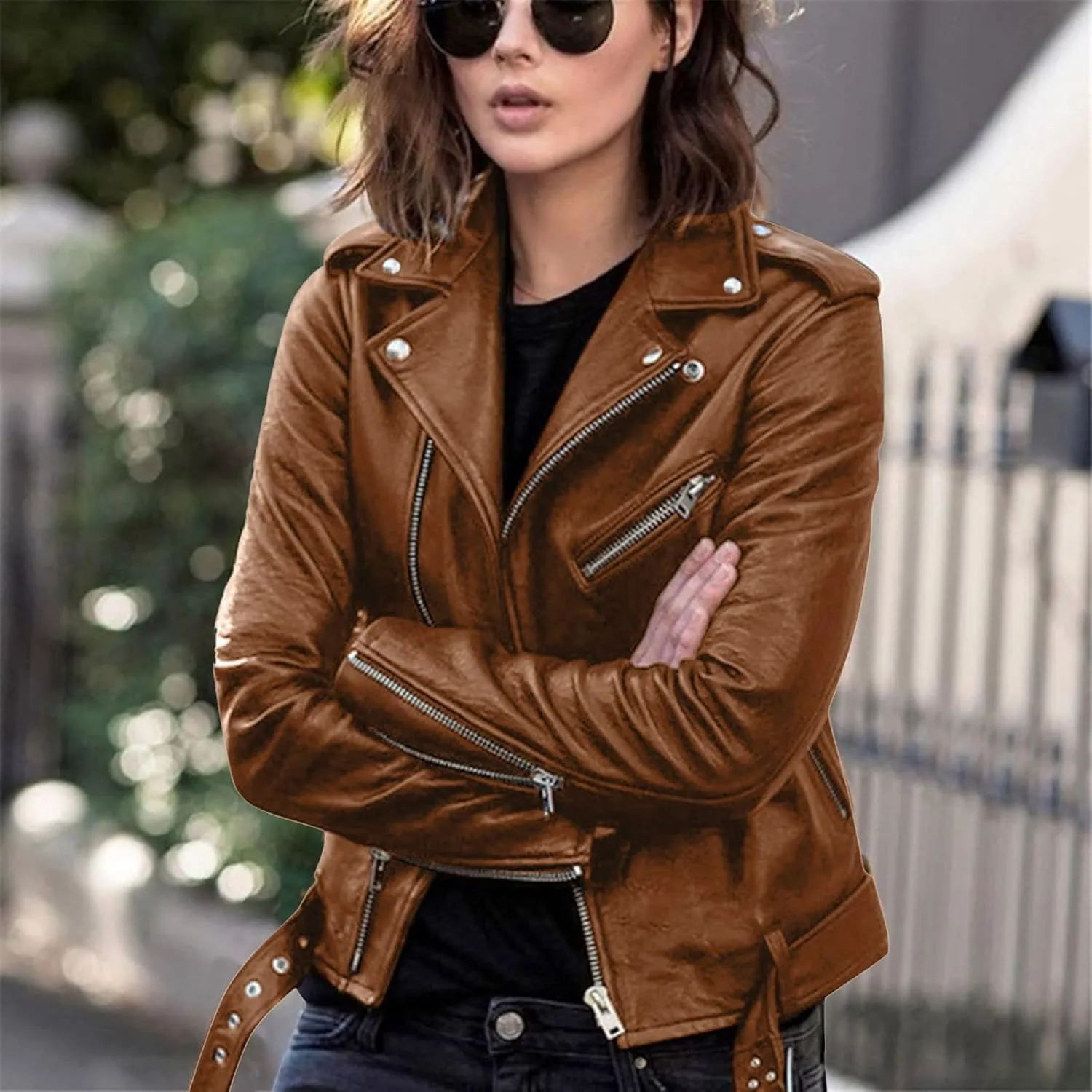 Faux Leather Jacket Women Fashion Motorcycle Jacket Lightweight Zip Up Cropped Jackets Slim Pu Coat Moto Biker Jacket