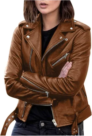 Faux Leather Jacket Women Fashion Motorcycle Jacket Lightweight Zip Up Cropped Jackets Slim Pu Coat Moto Biker Jacket