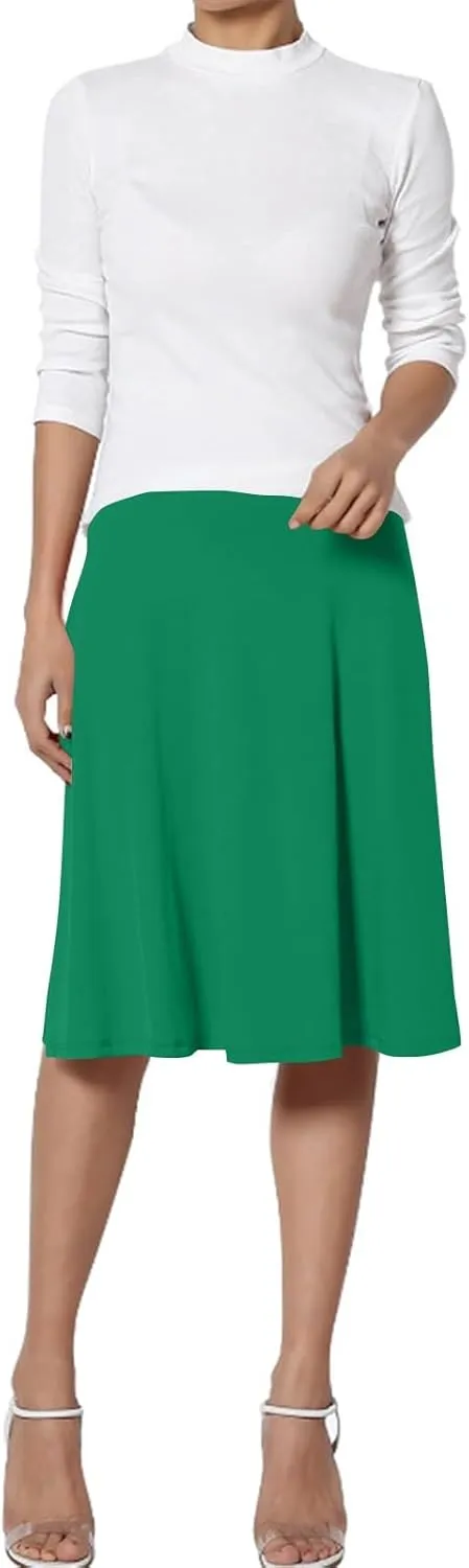 FlekmanArt Women's Basic Midi Skirt Versatile Stretchy Flared Summer Casual High Waisted Skirt Pleated A-Line Skirts