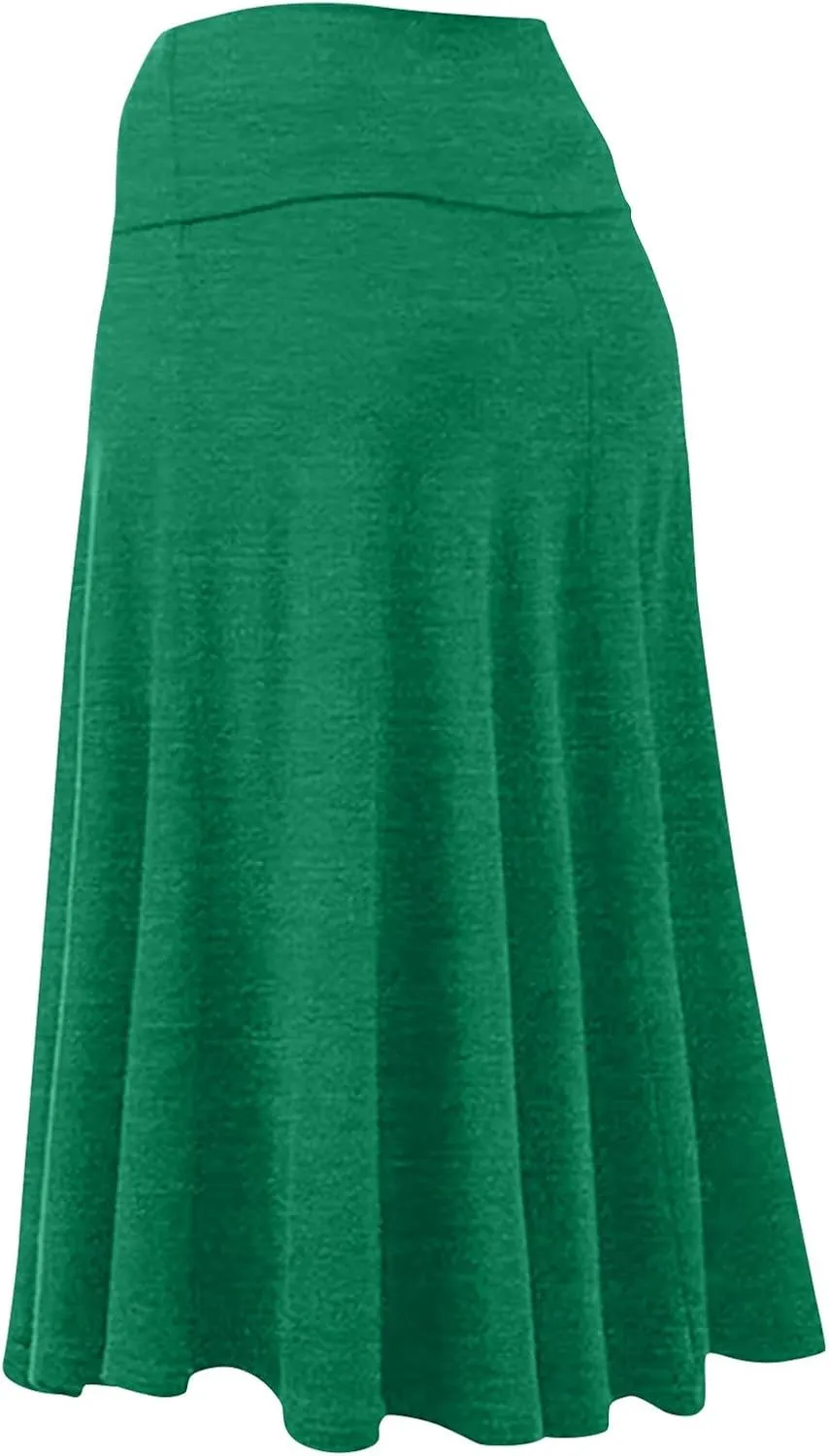 FlekmanArt Women's Basic Midi Skirt Versatile Stretchy Flared Summer Casual High Waisted Skirt Pleated A-Line Skirts