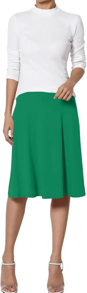 FlekmanArt Women's Basic Midi Skirt Versatile Stretchy Flared Summer Casual High Waisted Skirt Pleated A-Line Skirts