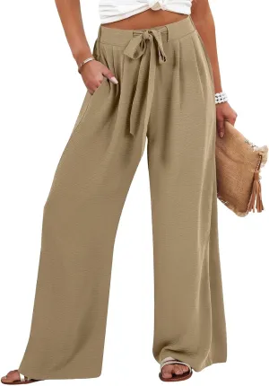 Flowy Linen Pants Women Wide Leg Tie Knot Palazzo Pants Loose Beach Pants High Waisted Trousers with Pockets