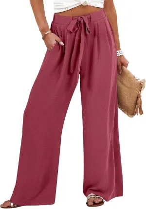 Flowy Linen Pants Women Wide Leg Tie Knot Palazzo Pants Loose Beach Pants High Waisted Trousers with Pockets