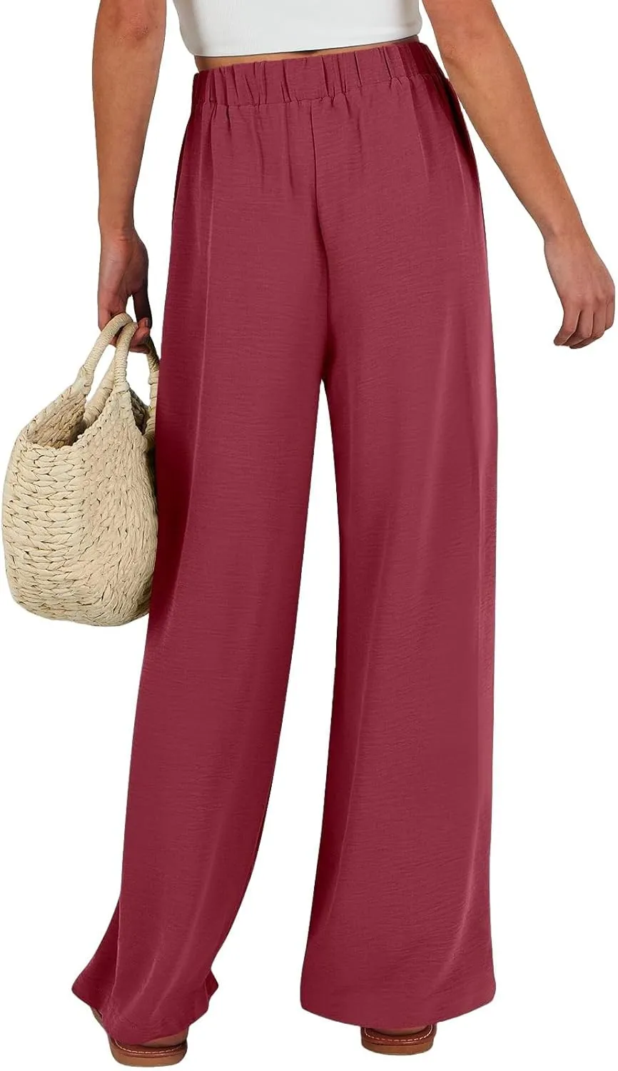 Flowy Linen Pants Women Wide Leg Tie Knot Palazzo Pants Loose Beach Pants High Waisted Trousers with Pockets