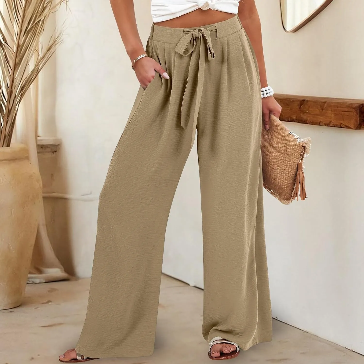 Flowy Linen Pants Women Wide Leg Tie Knot Palazzo Pants Loose Beach Pants High Waisted Trousers with Pockets