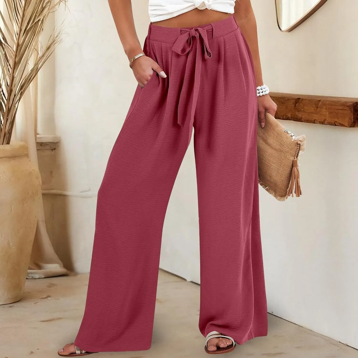 Flowy Linen Pants Women Wide Leg Tie Knot Palazzo Pants Loose Beach Pants High Waisted Trousers with Pockets