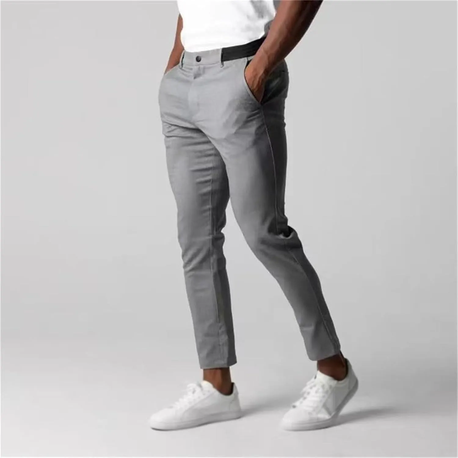 Foueo Active Chinos, Mens Chinos Slim Fit Stretch Skinny Tapered Dress Pants Casual Solid Trousers with Pockets