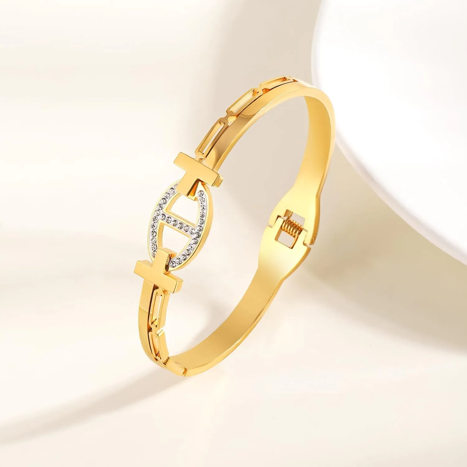 Four Leaf Clover Letter Bangle Bracelet for Women 18K Gold Plated Bangle Bracelet Silver Gold Bangle Bracelet with Cubic Zirconia Buckled Cuff Bold Bracelet