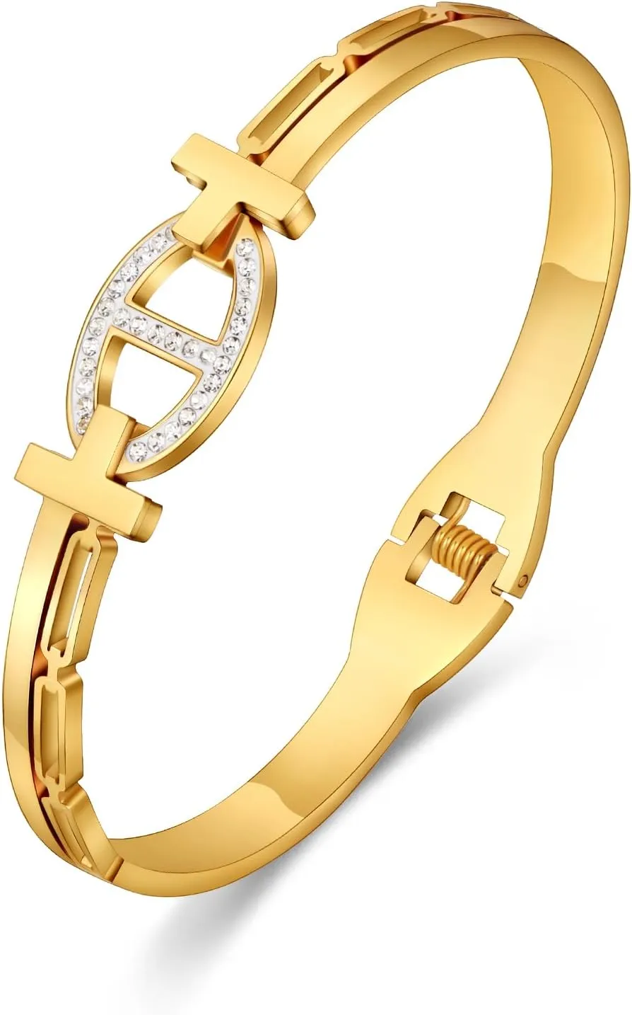 Four Leaf Clover Letter Bangle Bracelet for Women 18K Gold Plated Bangle Bracelet Silver Gold Bangle Bracelet with Cubic Zirconia Buckled Cuff Bold Bracelet