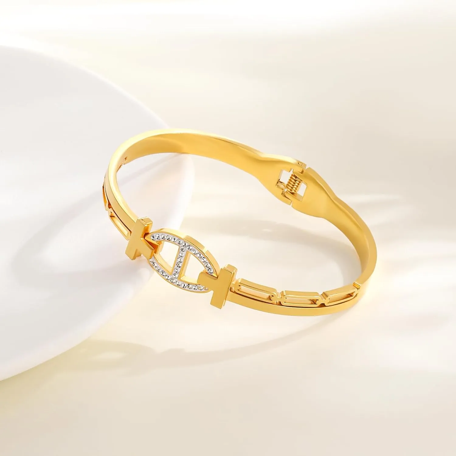 Four Leaf Clover Letter Bangle Bracelet for Women 18K Gold Plated Bangle Bracelet Silver Gold Bangle Bracelet with Cubic Zirconia Buckled Cuff Bold Bracelet