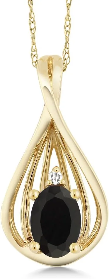 Gem Stone King 10K Yellow Gold Black Onyx and White Diamond Teardrop Pendant Necklace For Women (0.39 Cttw, Gemstone December Birthstone, Oval 6X4MM, with 18 Inch Chain)