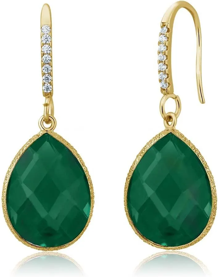 Gem Stone King 13.00 Ct Green Onyx 16x12mm Pear Shape 18K Yellow Gold Plated Silver Dangle Earrings