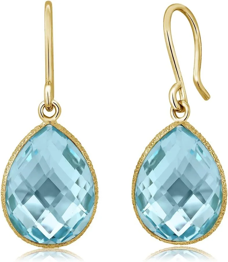 Gem Stone King 18.00 Ct Blue Topaz 16x12mm Pear Shape 18K Yellow Gold Plated Silver Dangle Earrings