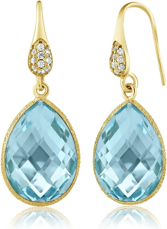 Gem Stone King 18.00 Ct Blue Topaz Pear Shape 18K Yellow Gold Plated Silver Dangle Earrings
