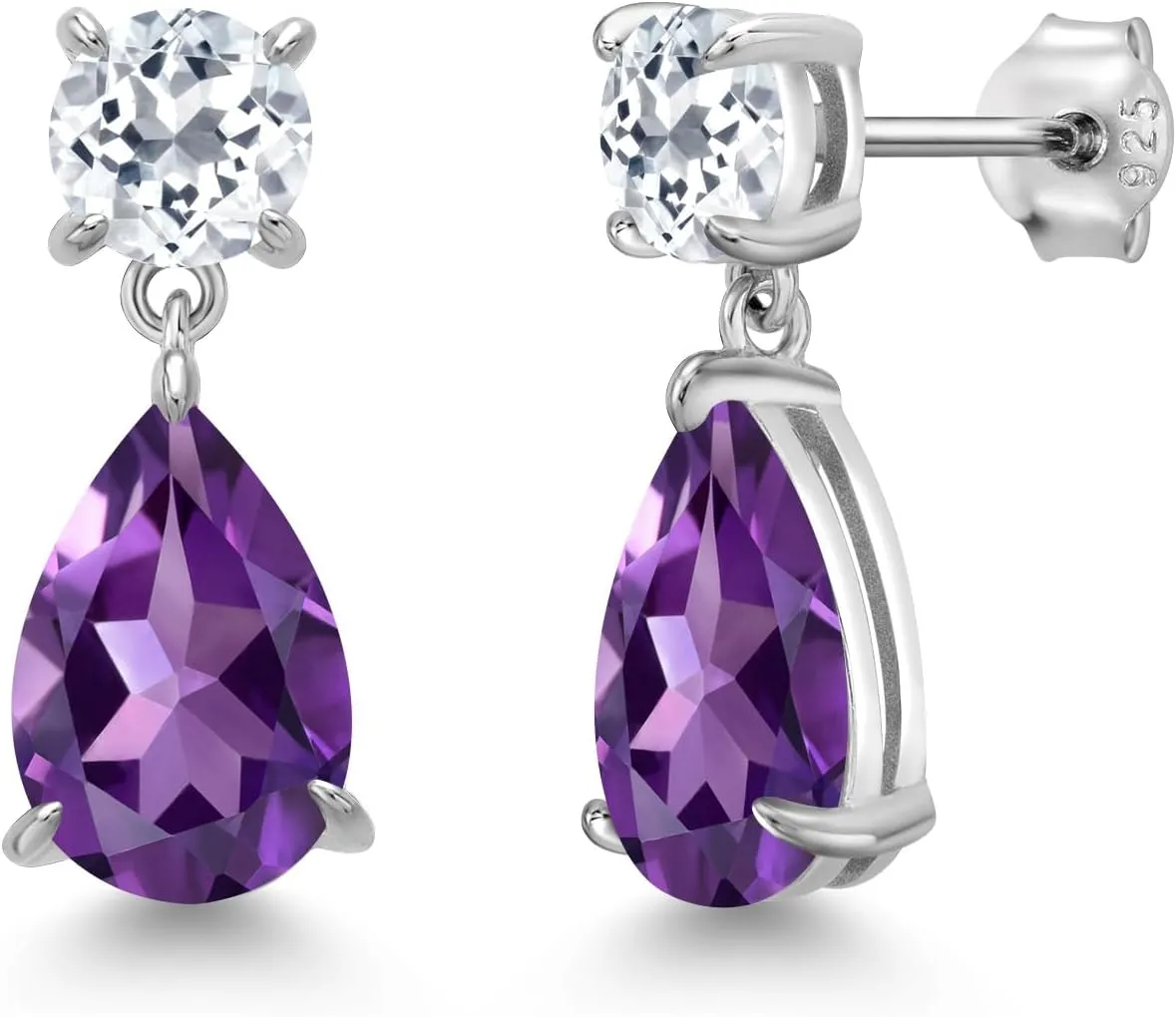 Gem Stone King 925 Sterling Silver Purple Amethyst and White Topaz Teardrop Dangle Drop Earrings For Women (7.10 Cttw, Gemstone Birthstone, Pear Shape 12x8MM, Round 6MM)