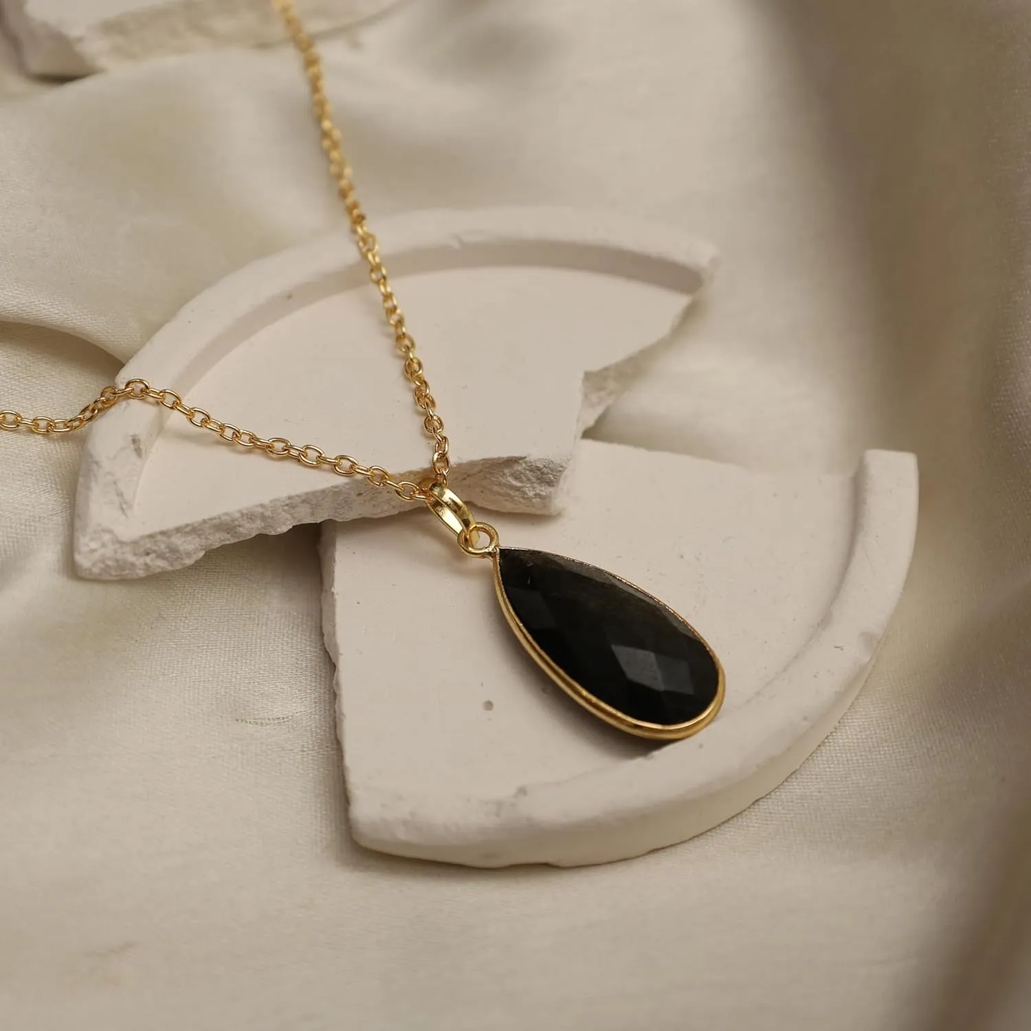 Gempires Black Obsidian Long Pear Bezel Faceted Gemstone Necklace with 18-Inch 14K Gold-Plated Chain  Elegant Teardrop Pendant Necklace for Women (Black Obsidian)
