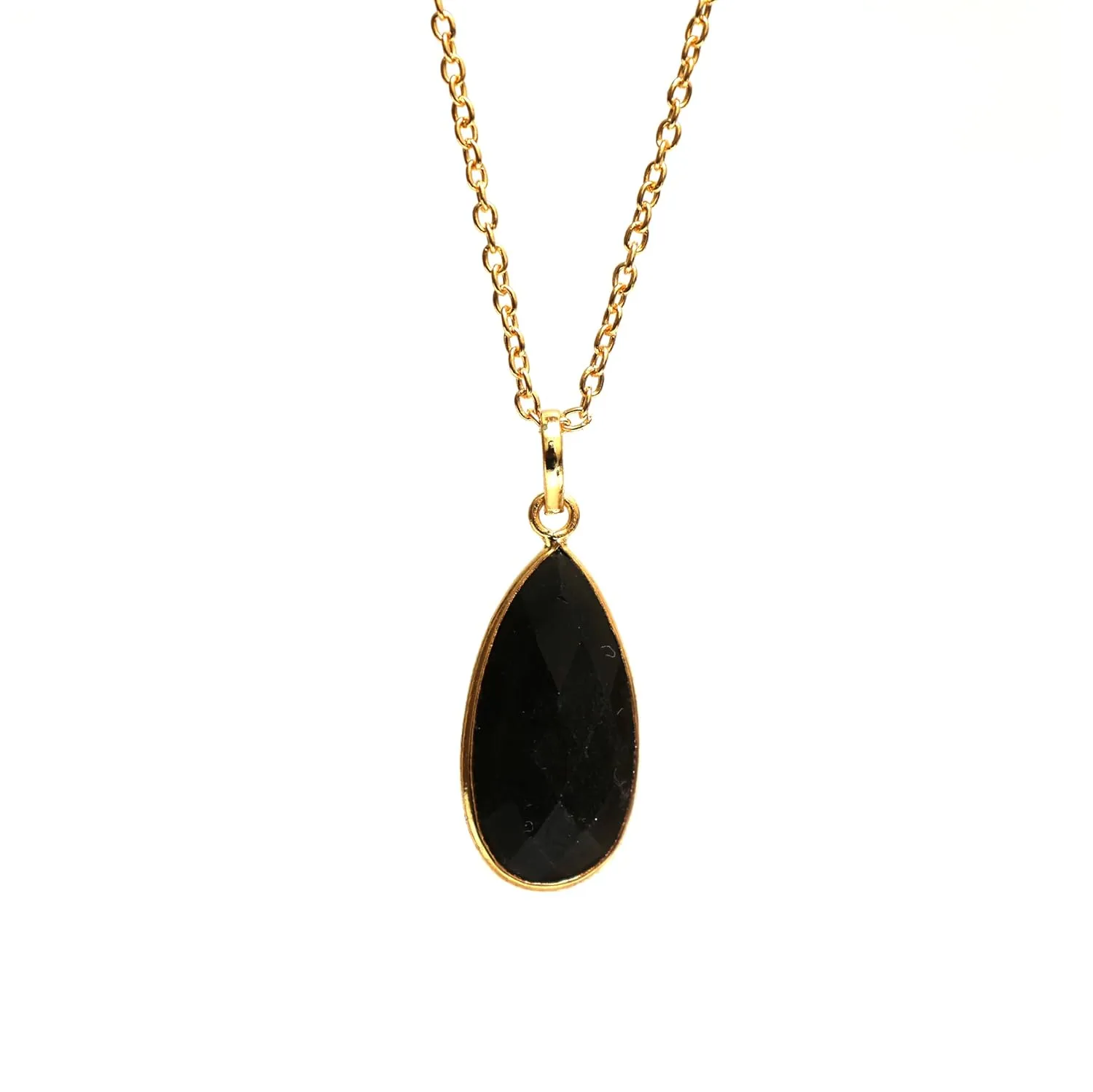 Gempires Black Obsidian Long Pear Bezel Faceted Gemstone Necklace with 18-Inch 14K Gold-Plated Chain  Elegant Teardrop Pendant Necklace for Women (Black Obsidian)