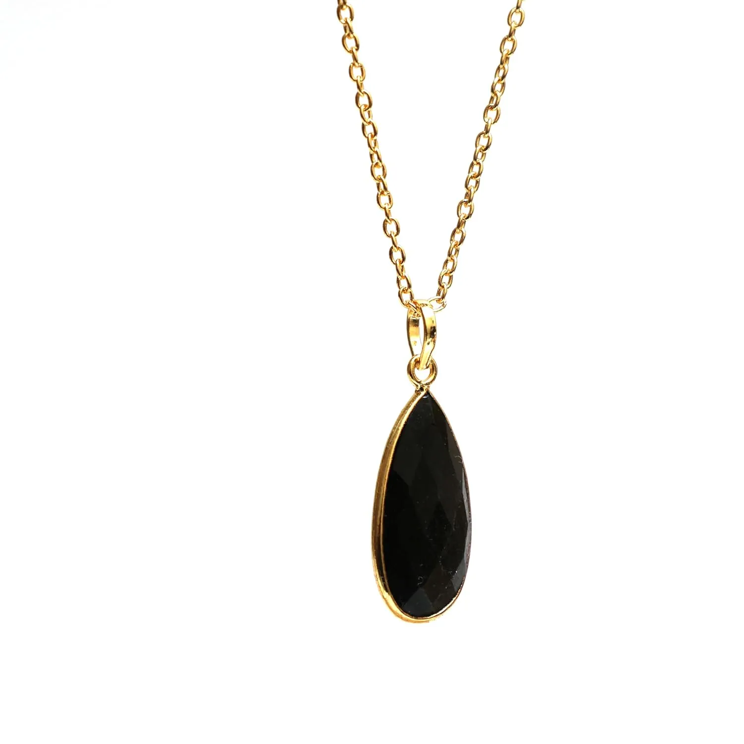 Gempires Black Obsidian Long Pear Bezel Faceted Gemstone Necklace with 18-Inch 14K Gold-Plated Chain  Elegant Teardrop Pendant Necklace for Women (Black Obsidian)