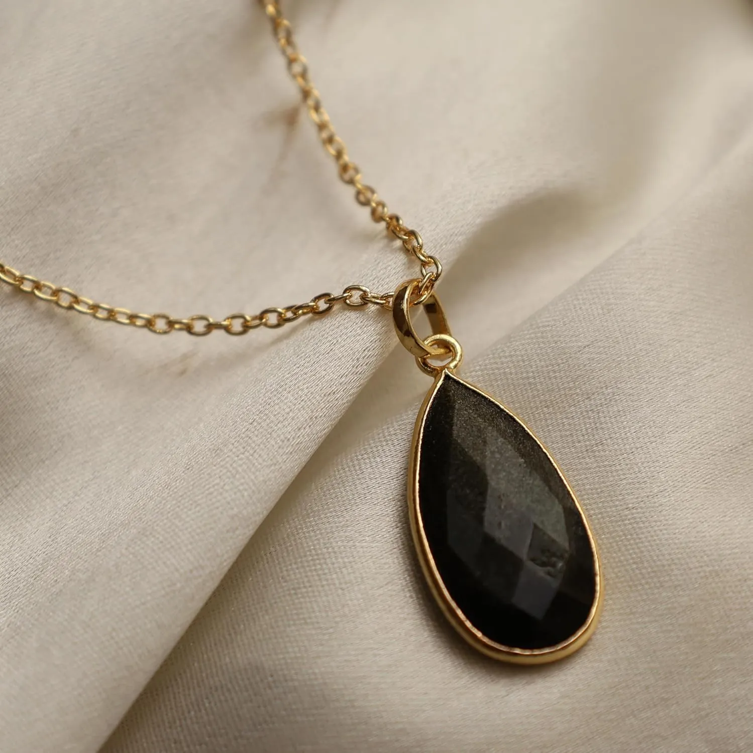 Gempires Black Obsidian Long Pear Bezel Faceted Gemstone Necklace with 18-Inch 14K Gold-Plated Chain  Elegant Teardrop Pendant Necklace for Women (Black Obsidian)